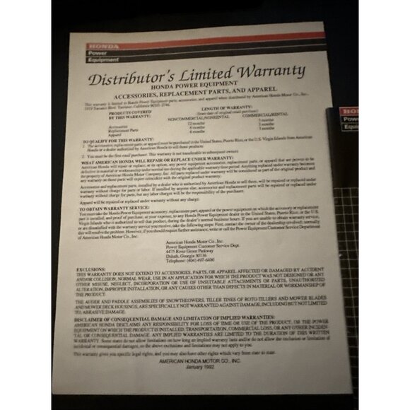 Honda HR215SXA, 215HXA, 215HMA Rotary Mower Owners Manual Warranty - Picture 5 of 10